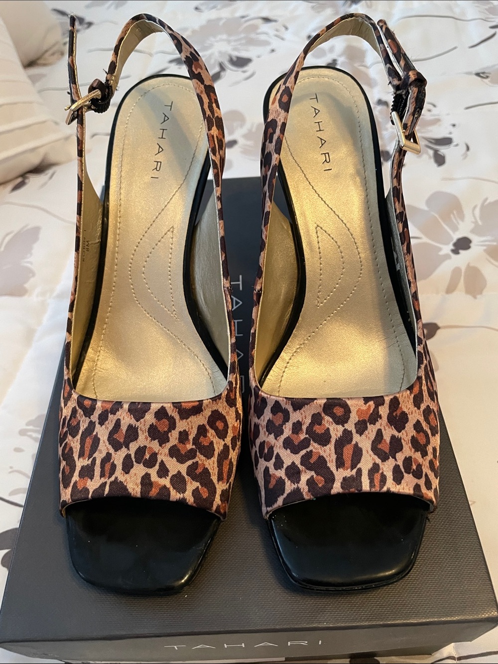 Tahari Leopard-Print Slingback Peep Toe Heels - Brown/Tan
